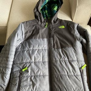 Boys North Face jackets in green/gray, XL. Gently worn.